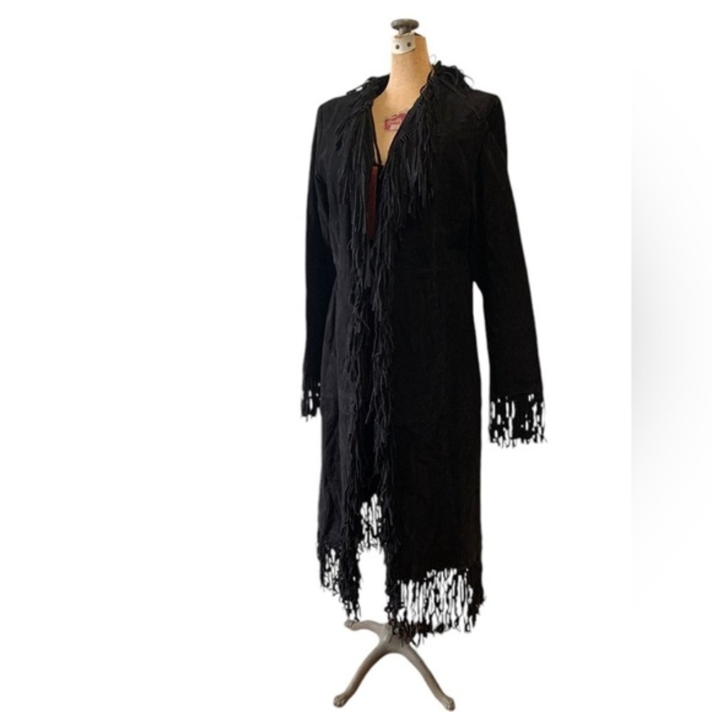 VTG B Lucid Black Suede Fringe Duster Jacket XS Boho Festival Coat - Picture 3 of 16